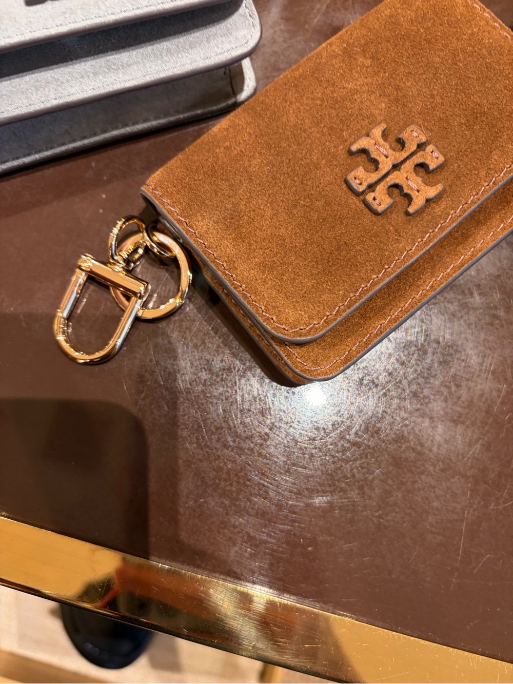 Tory Burch brown suede pebble leather Thea flip card case chainnew with tag new